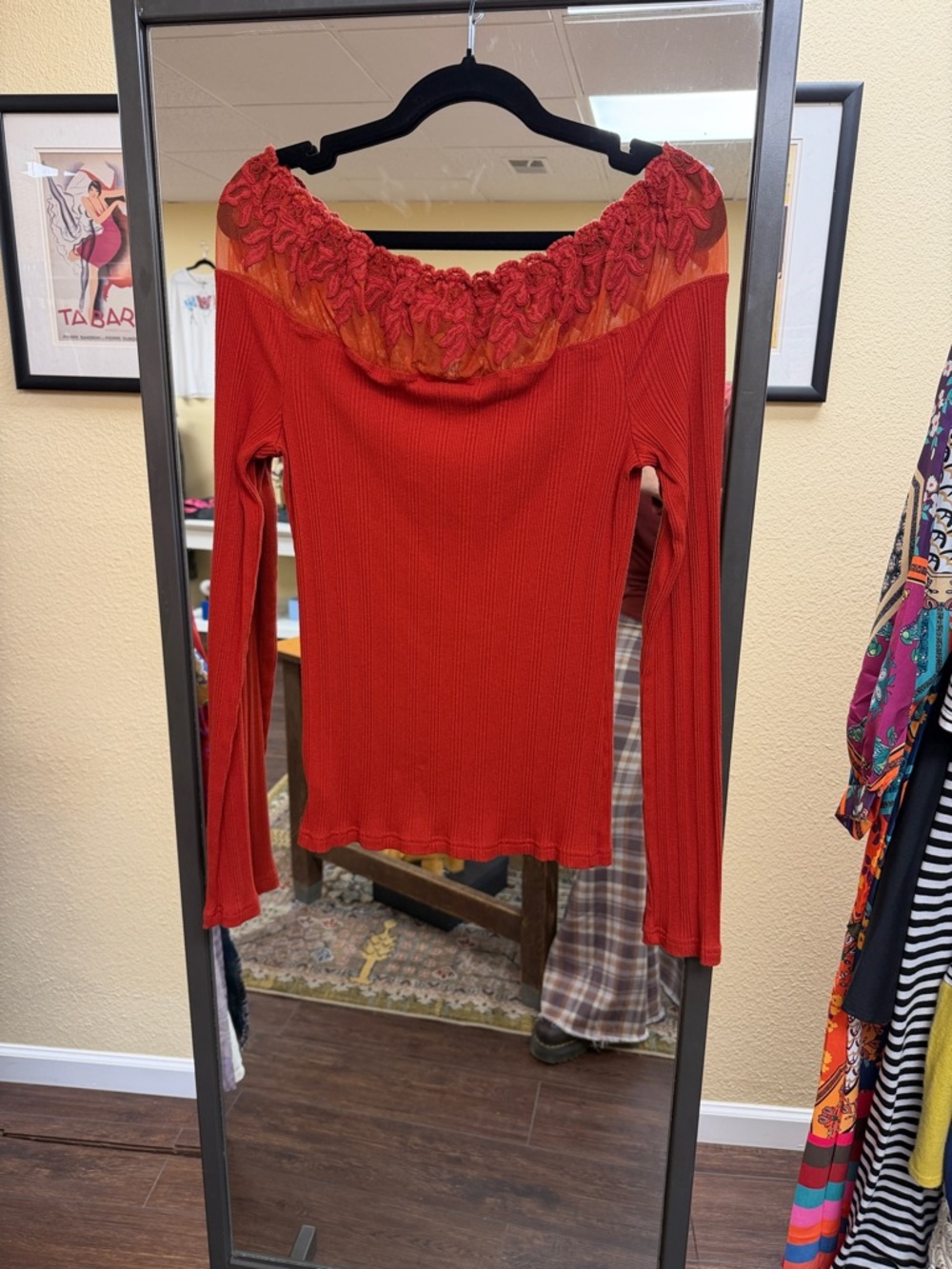 Free People Red Off-the-Shoulder Lace Yoke Ribbed Top